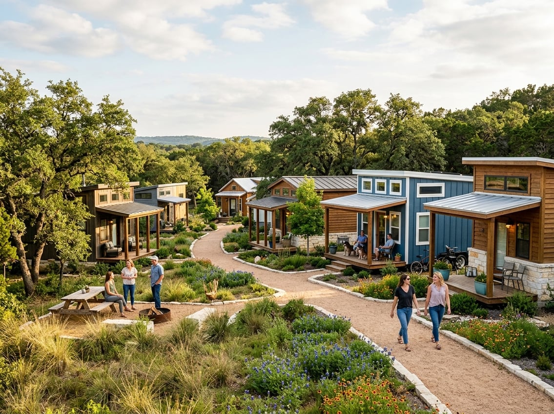 7 Best Tiny Home Communities Near New Braunfels (Prices & Amenities) 2 A welcoming tiny home community with modern small houses, shaded oak trees, landscaped paths, and residents enjoying a shared outdoor space.