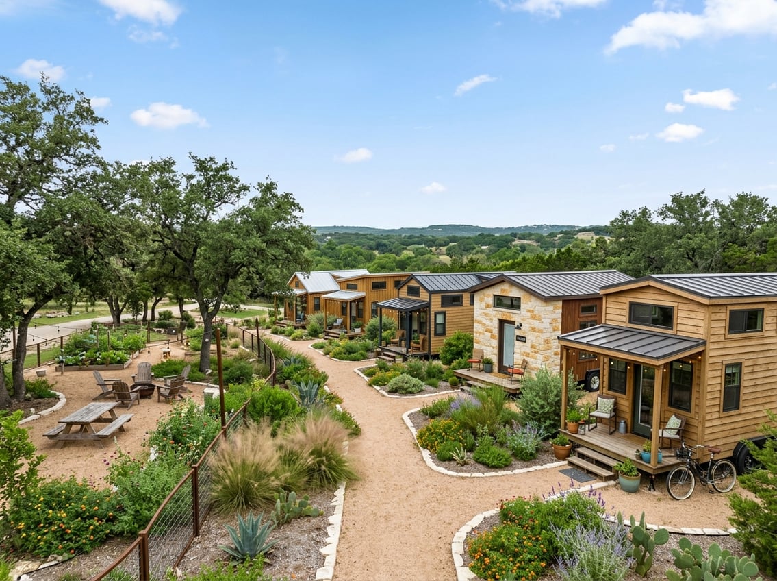 7 Best Tiny Home Communities Near New Braunfels (Prices & Amenities) 3 A landscaped lane lined with small modern homes in a peaceful Texas Hill Country community.