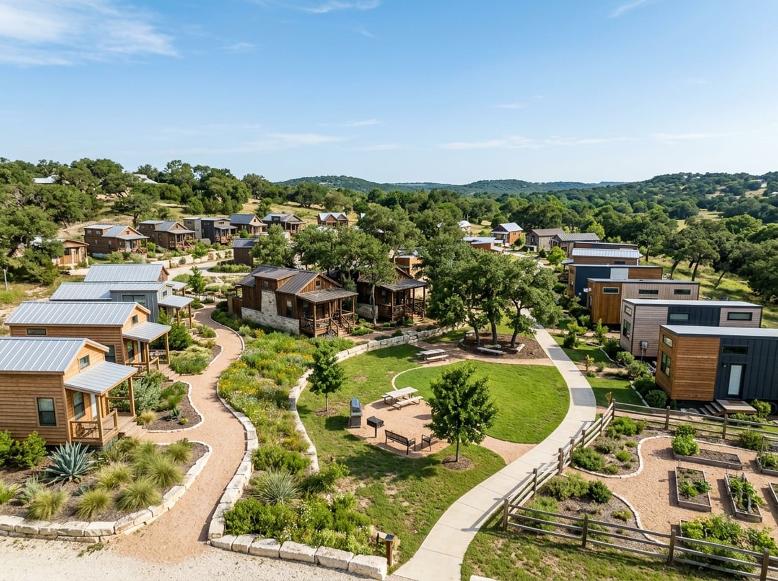7 Best Tiny Home Communities Near New Braunfels (Prices & Amenities) 4 A landscaped tiny home community near New Braunfels with varied small homes, walking paths, oak trees, and shared green spaces.