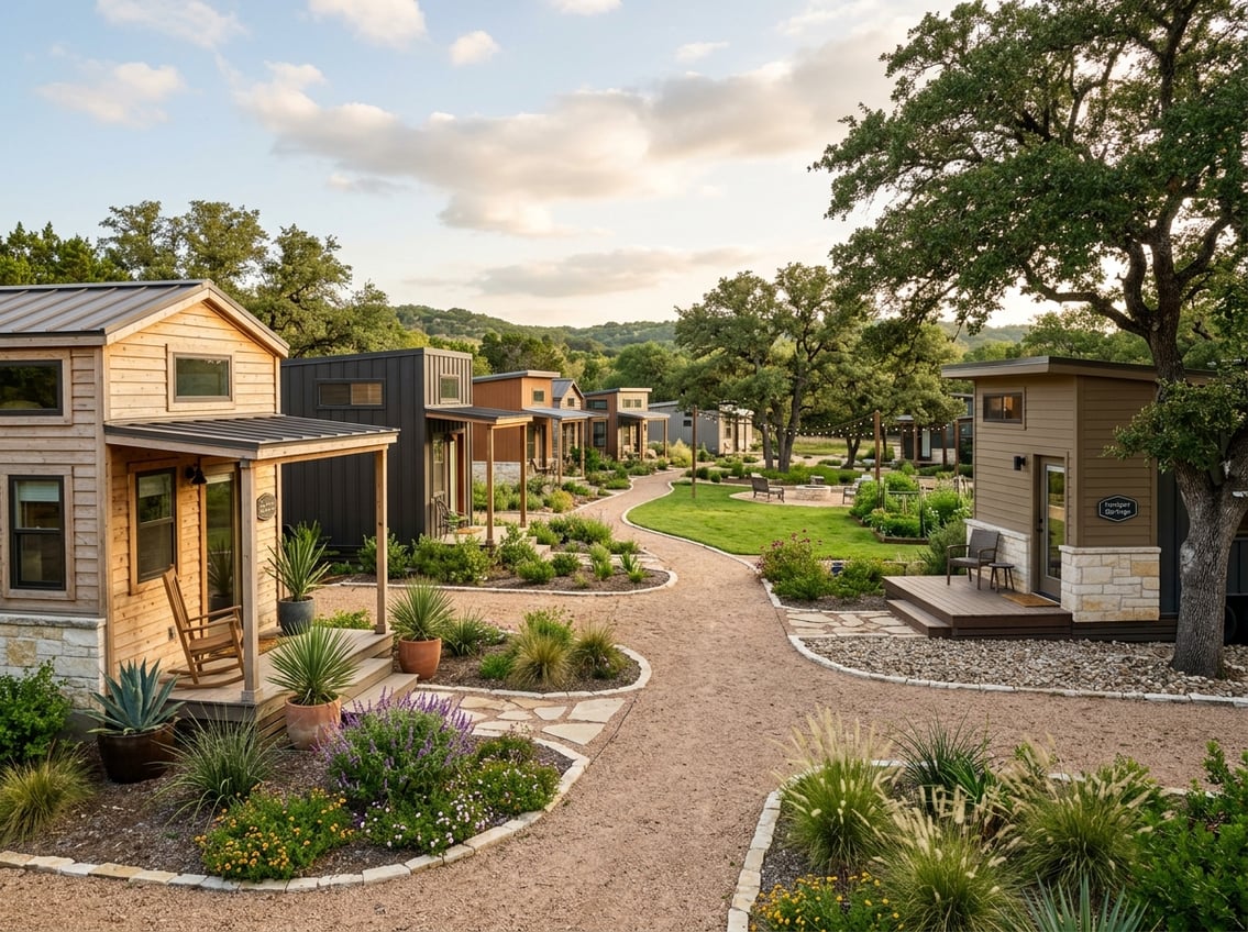 7 Best Tiny Home Communities Near New Braunfels (Prices & Amenities) 5 A landscaped tiny home community with several small modern houses, porches, trees, and shared green space.
