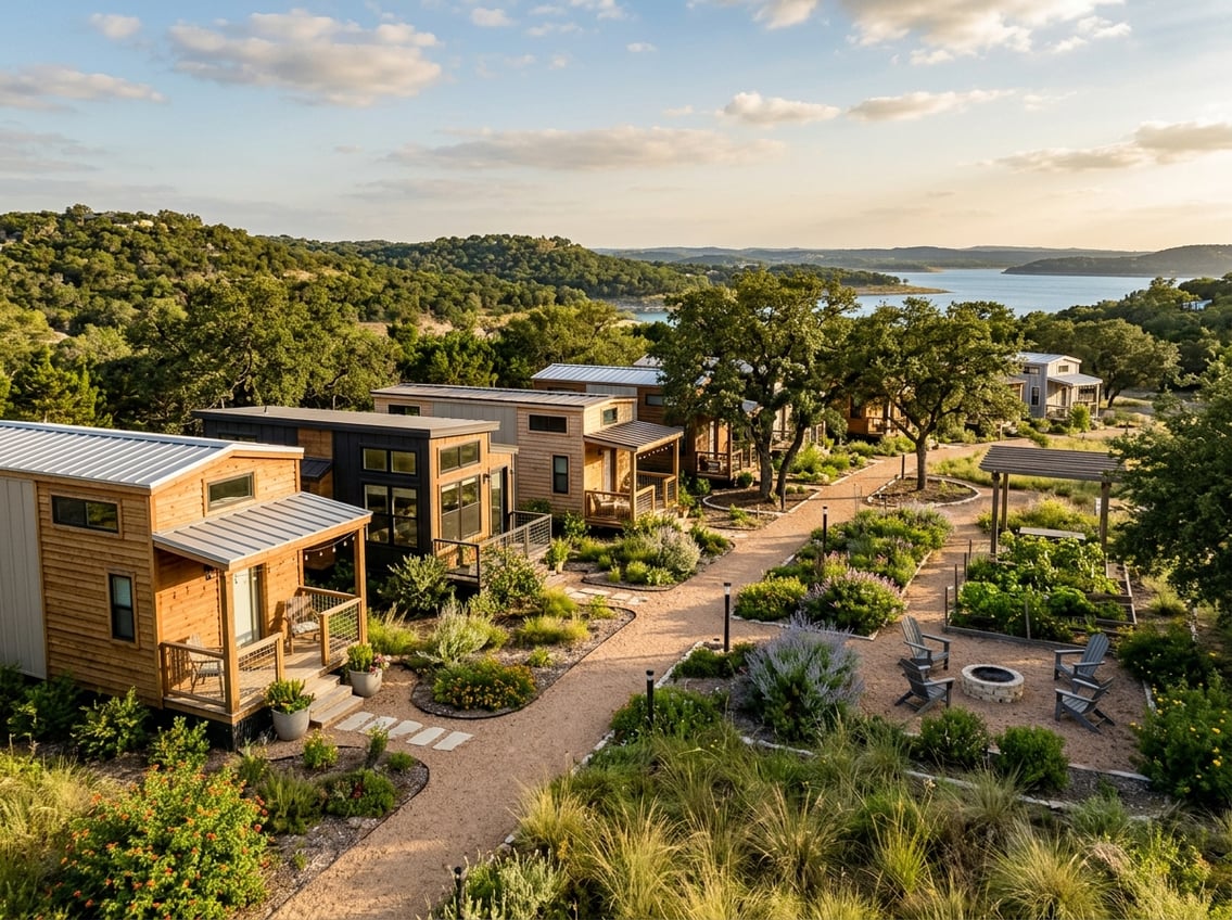 7 Best Tiny Home Communities Near New Braunfels (Prices & Amenities) 6 A welcoming community of tiny homes surrounded by native landscaping, oak trees, rolling hills, and a glimpse of Canyon Lake.