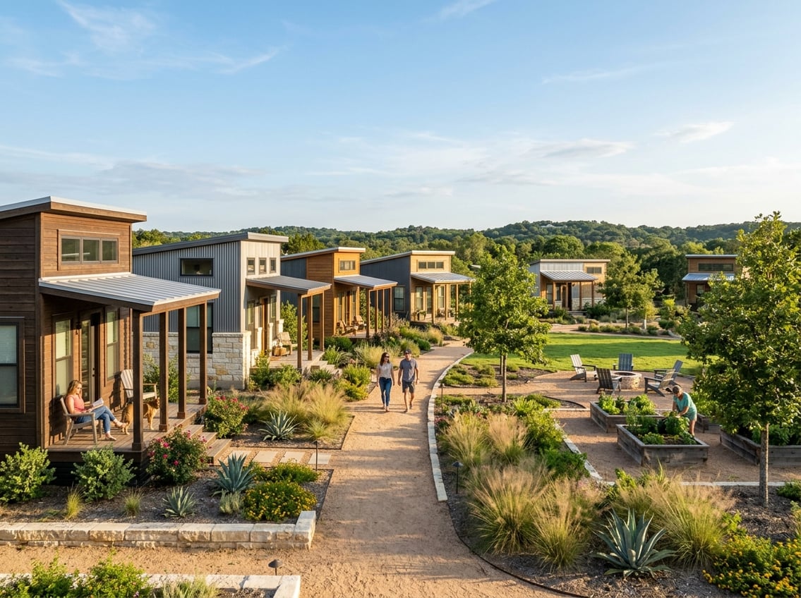 7 Best Tiny Home Communities Near New Braunfels (Prices & Amenities) 7 A welcoming community of small modern homes surrounded by trees, native landscaping, and a shared green space.
