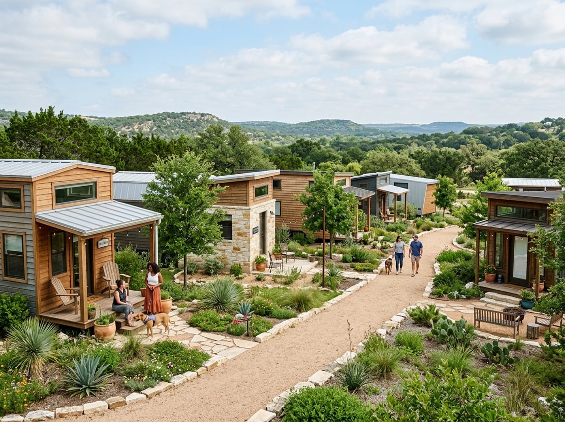 7 Best Tiny Home Communities Near New Braunfels (Prices & Amenities) 8 A landscaped tiny home community with modern cottages, walking paths, native plants, and Texas Hill Country scenery.