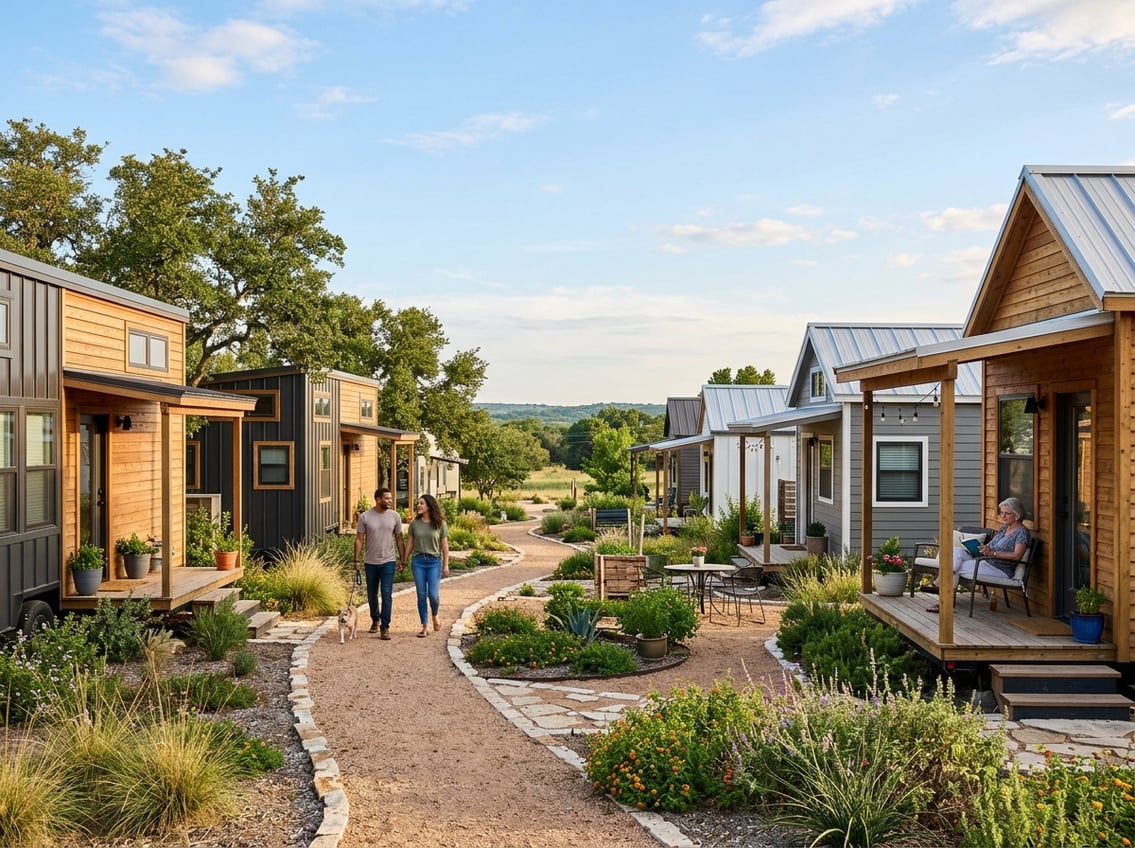 7 Best Tiny Home Communities Near New Braunfels (Prices & Amenities) 9 A peaceful tiny home community with modern small houses, green spaces, and residents near New Braunfels, Texas.