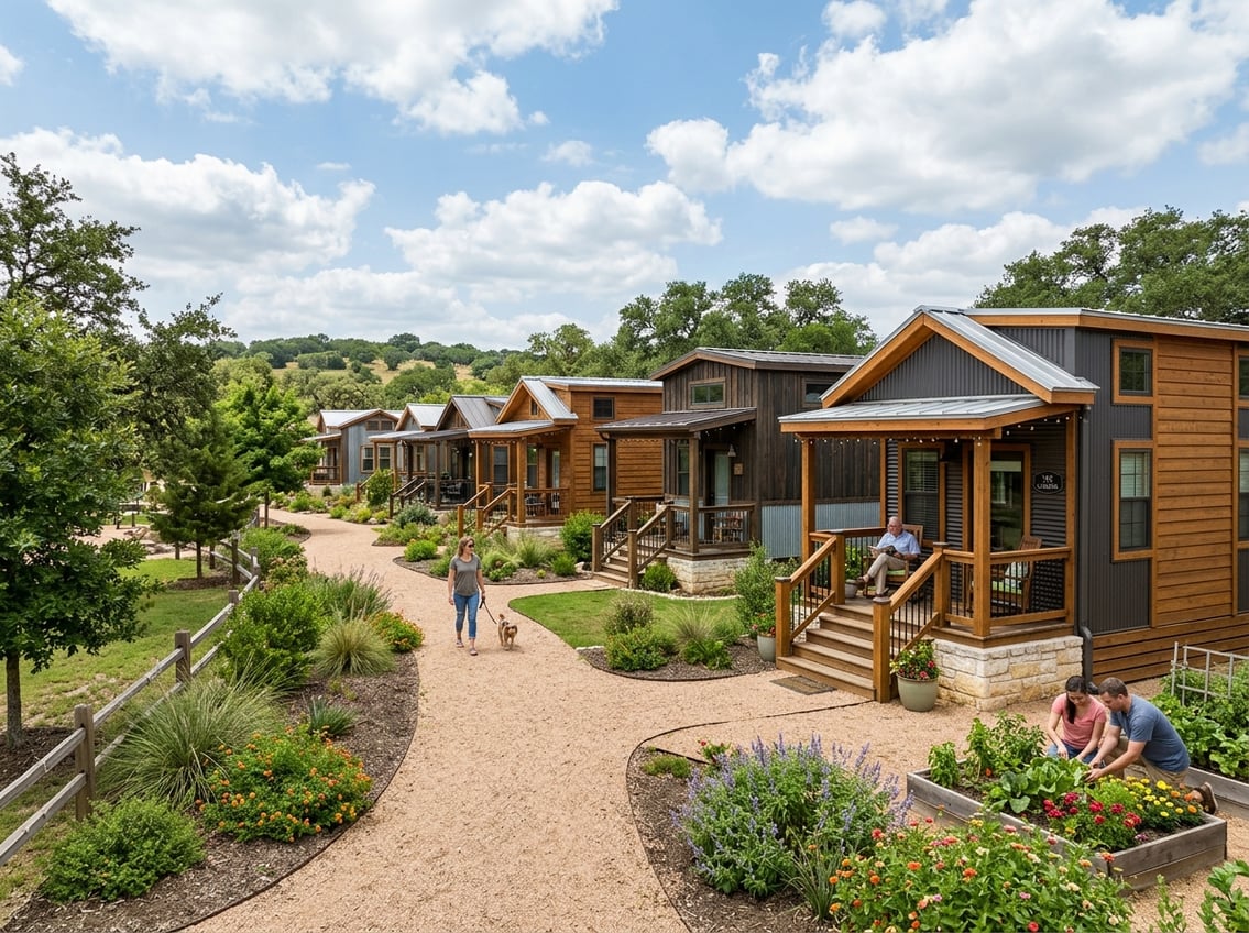 7 Best Tiny Home Communities Near New Braunfels (Prices & Amenities) 10 A welcoming tiny home community with compact houses, shaded walkways, landscaping, and shared green space in a Texas Hill Country setting.