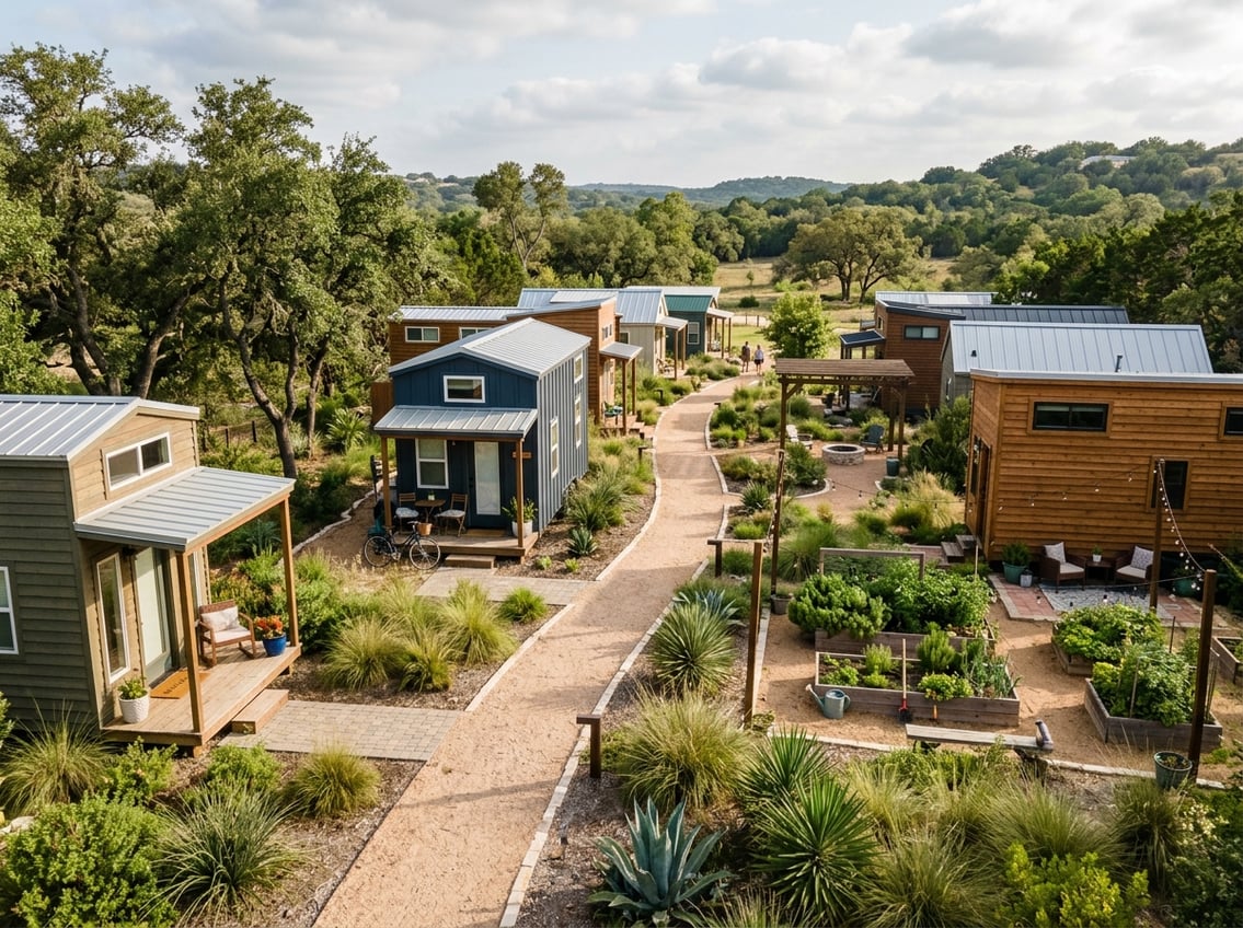 7 Best Tiny Home Communities Near New Braunfels (Prices & Amenities) 11 A landscaped tiny home community near New Braunfels with modern small houses, porches, trees, and shared outdoor spaces.