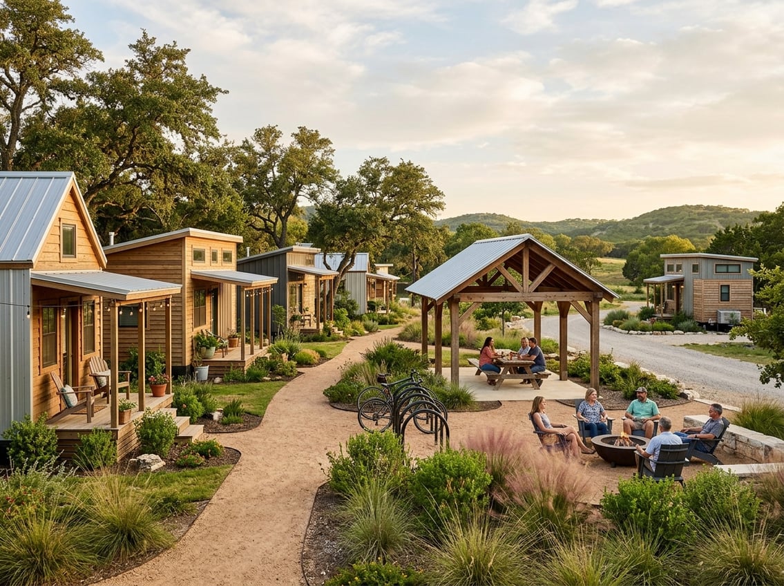 7 Best Tiny Home Communities Near New Braunfels (Prices & Amenities) 12 A welcoming tiny home community with modern homes, shared green spaces, and residents outdoors near New Braunfels.