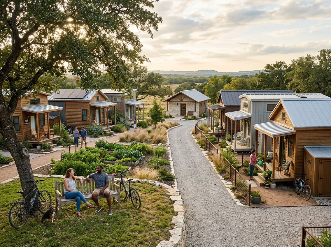 7 Best Tiny Home Communities Near New Braunfels (Prices & Amenities) 13 A small Texas tiny home community with compact houses, shared green space, and residents outdoors among live oak trees.