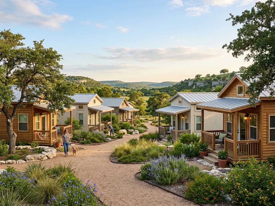7 Best Tiny Home Communities Near New Braunfels (Prices & Amenities) 14 A welcoming tiny home community with compact cottages, oak trees, and rolling Texas Hill Country scenery.