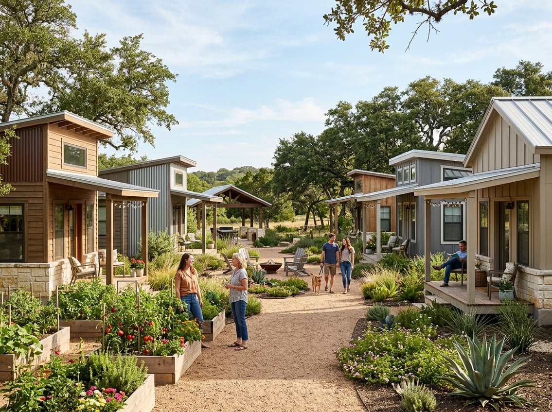7 Best Tiny Home Communities Near New Braunfels (Prices & Amenities) 15 A landscaped tiny home community with compact houses, shared green space, and residents enjoying the sunny outdoor setting.