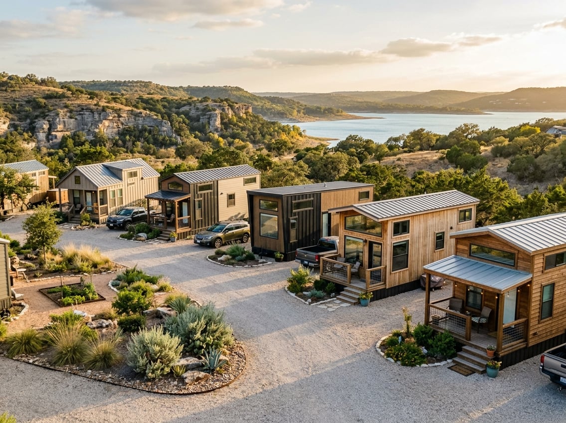 Tiny Home Communities Near Canyon Lake: Local Guide 1 A small community of modern tiny homes beside a calm lake, surrounded by canyon cliffs, trees, and grassy hills.