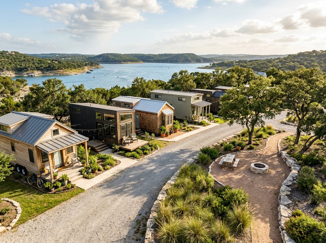 Tiny Home Communities Near Canyon Lake: Local Guide 2 A peaceful community of tiny homes beside Canyon Lake, surrounded by trees and rolling hills.