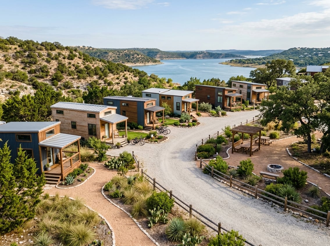 Tiny Home Communities Near Canyon Lake: Local Guide 3 A small community of modern tiny homes near a calm reservoir surrounded by canyon hills and native landscaping.