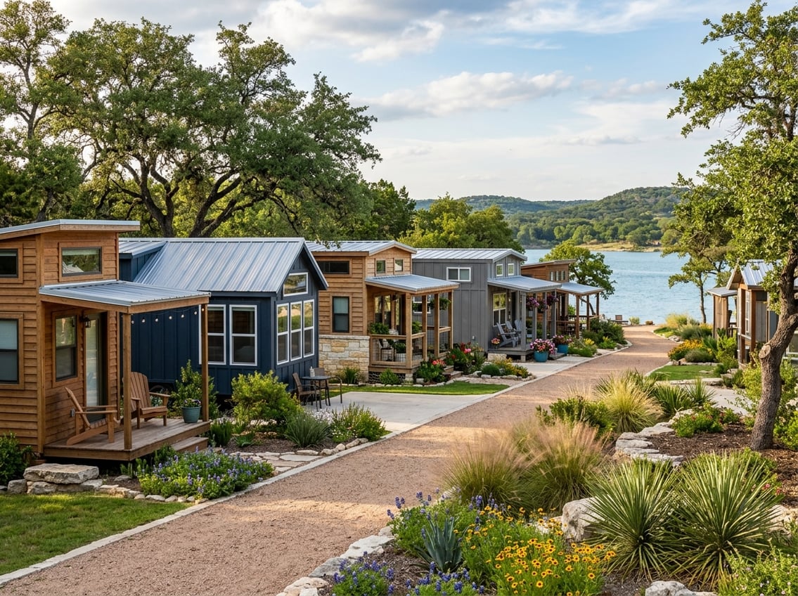 Tiny Home Communities Near Canyon Lake: Local Guide 4 A peaceful tiny home community surrounded by Texas Hill Country landscaping near a lake.