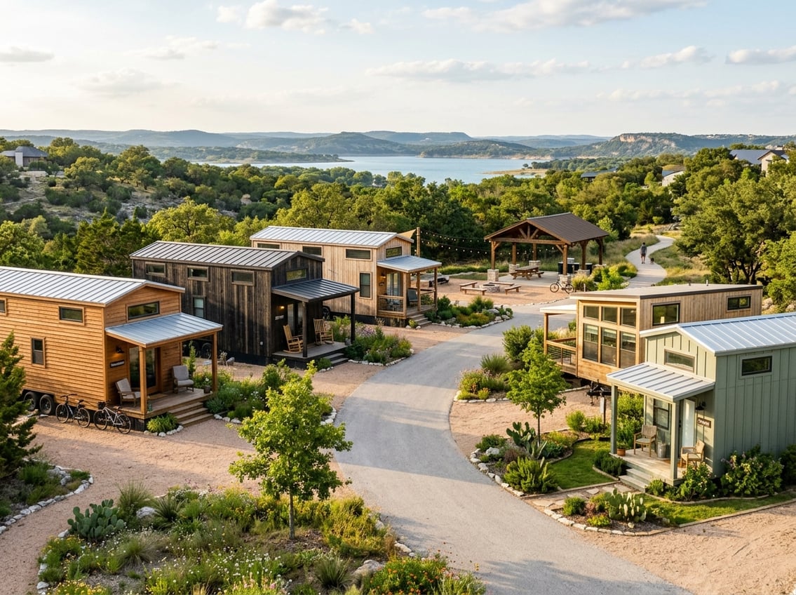 Tiny Home Communities Near Canyon Lake: Local Guide 5 A peaceful tiny home community with landscaped yards, oak trees, and a lake view in the Texas Hill Country.
