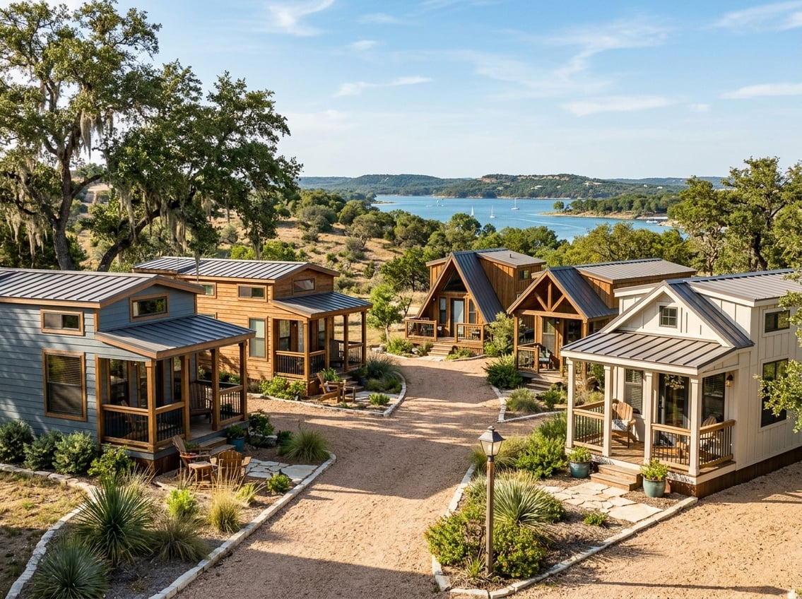 Tiny Home Communities Near Canyon Lake: Local Guide 6 A peaceful tiny home community with landscaped homes near Canyon Lake in the Texas Hill Country.