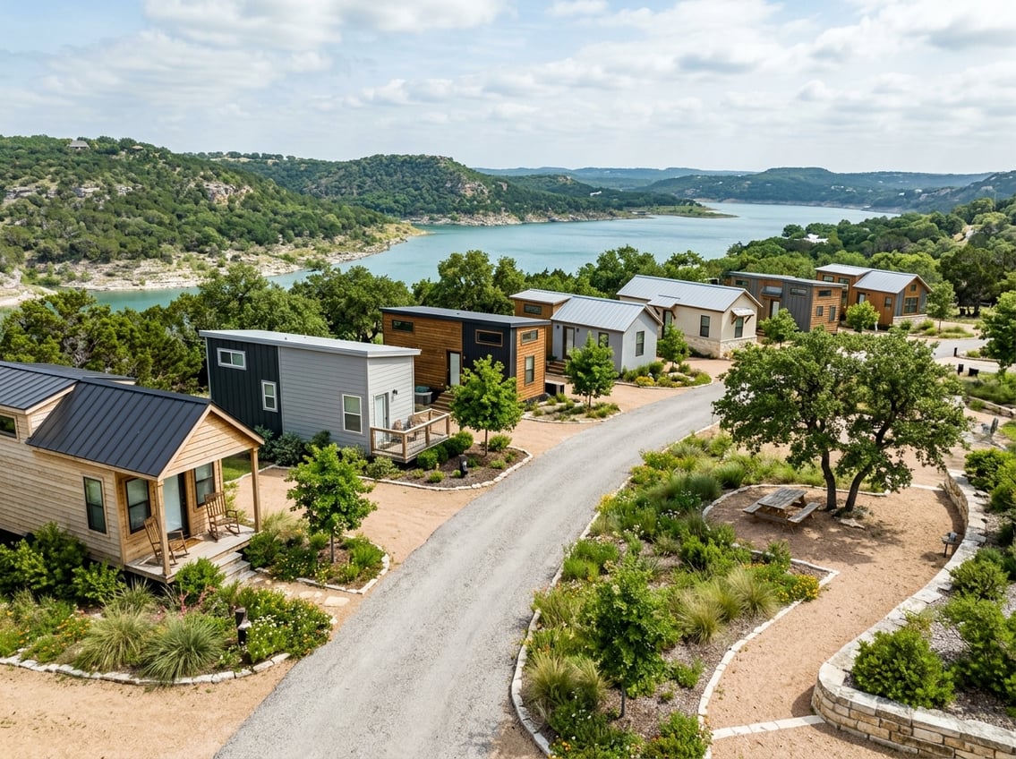 Tiny Home Communities Near Canyon Lake: Local Guide 7 A peaceful tiny home community near Canyon Lake with landscaped yards, trees, and Texas hills in the background.