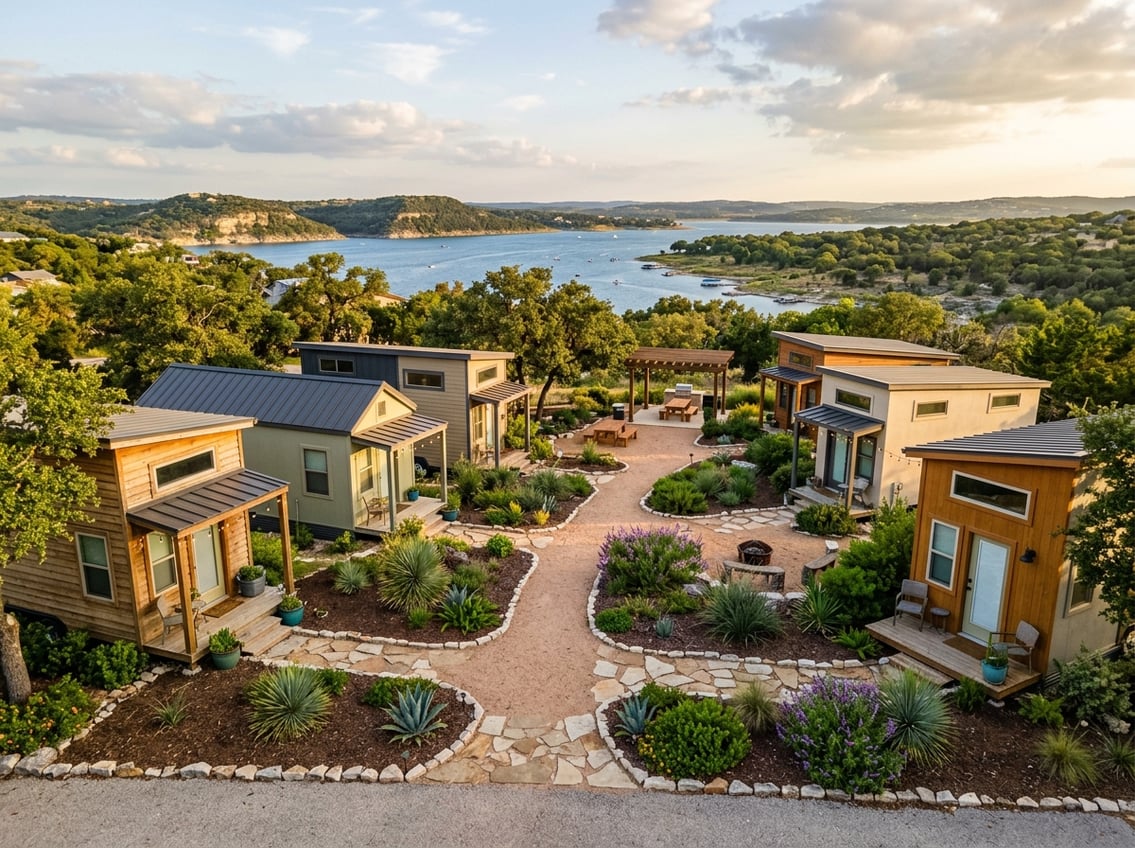 Tiny Home Communities Near Canyon Lake: Local Guide 8 A small community of modern tiny homes near a lake surrounded by rolling hills and native vegetation.