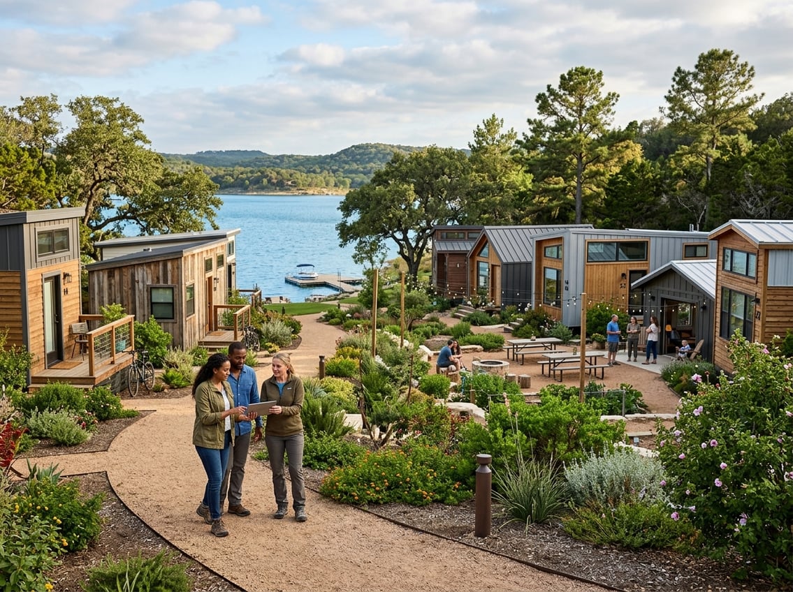 Tiny Home Communities Near Canyon Lake: Local Guide 9 A couple tours a landscaped tiny home community beside a scenic lake with a housing advisor.