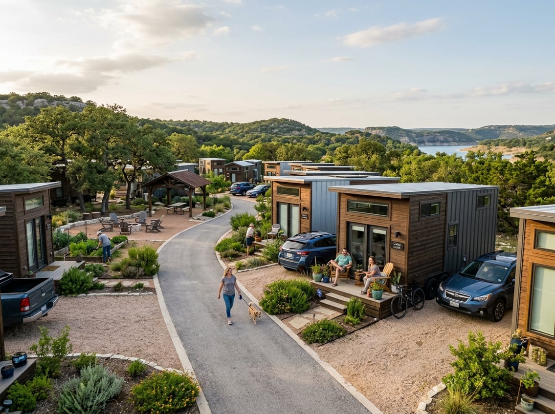 Tiny Home Communities Near Canyon Lake: Local Guide 10 A tiny home community with residents and shared outdoor spaces set among oak trees and rocky hills near Canyon Lake.