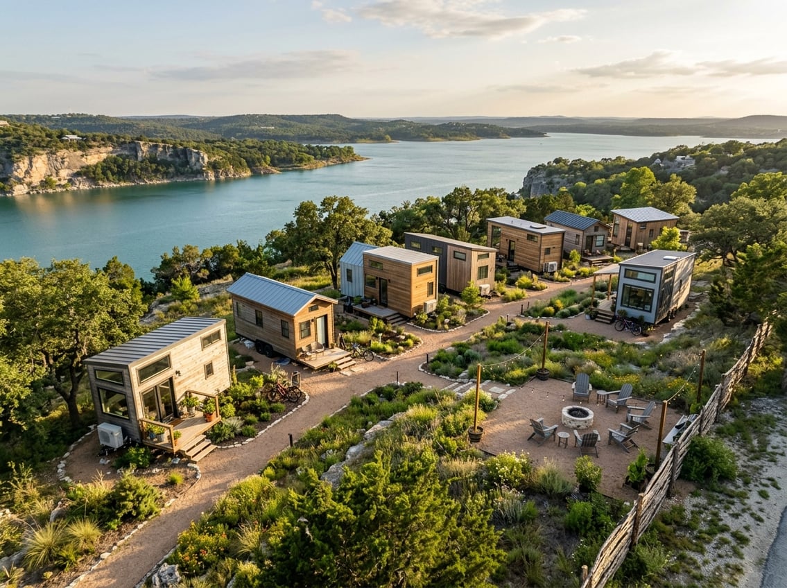 Tiny Home Communities Near Canyon Lake: Local Guide 11 A community of tiny homes overlooks a scenic canyon lake surrounded by wooded hills and limestone cliffs.