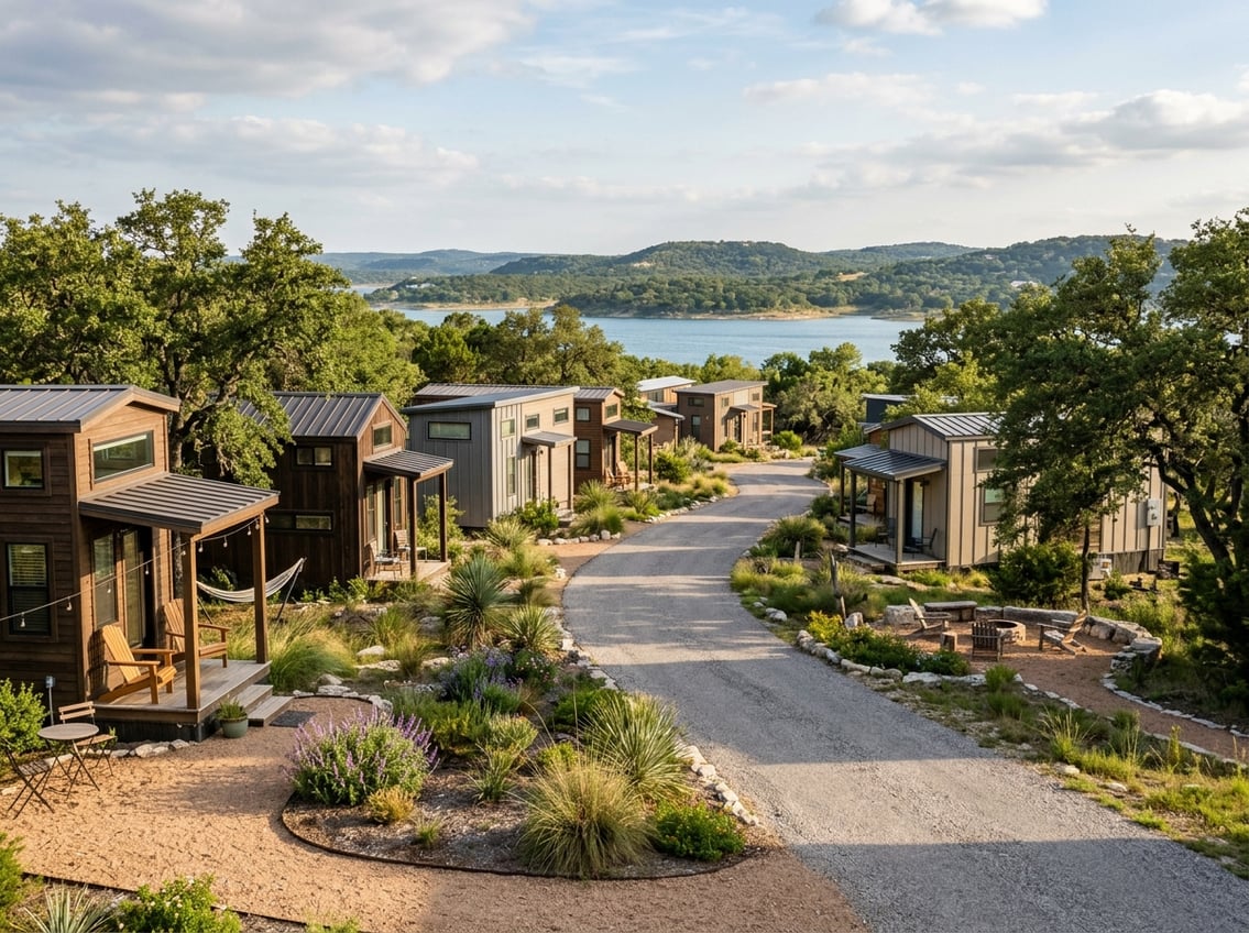 Tiny Home Communities Near Canyon Lake: Local Guide 12 A small community of modern tiny homes beside a calm reservoir, surrounded by trees and rolling hills.