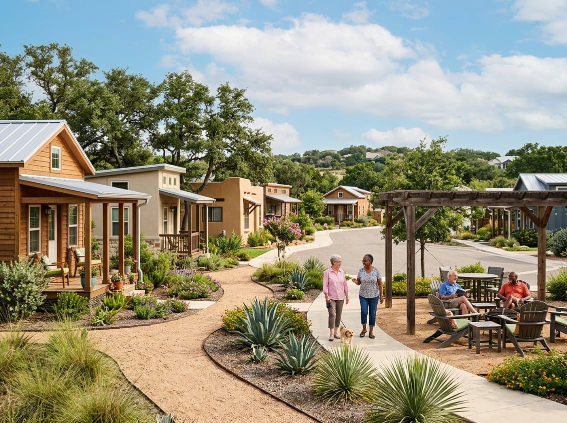 Best 55+ Tiny Home Communities In Texas: 2026 Guide 1 A welcoming Texas tiny home community with landscaped paths, several small houses, and older adults enjoying the outdoor spaces.