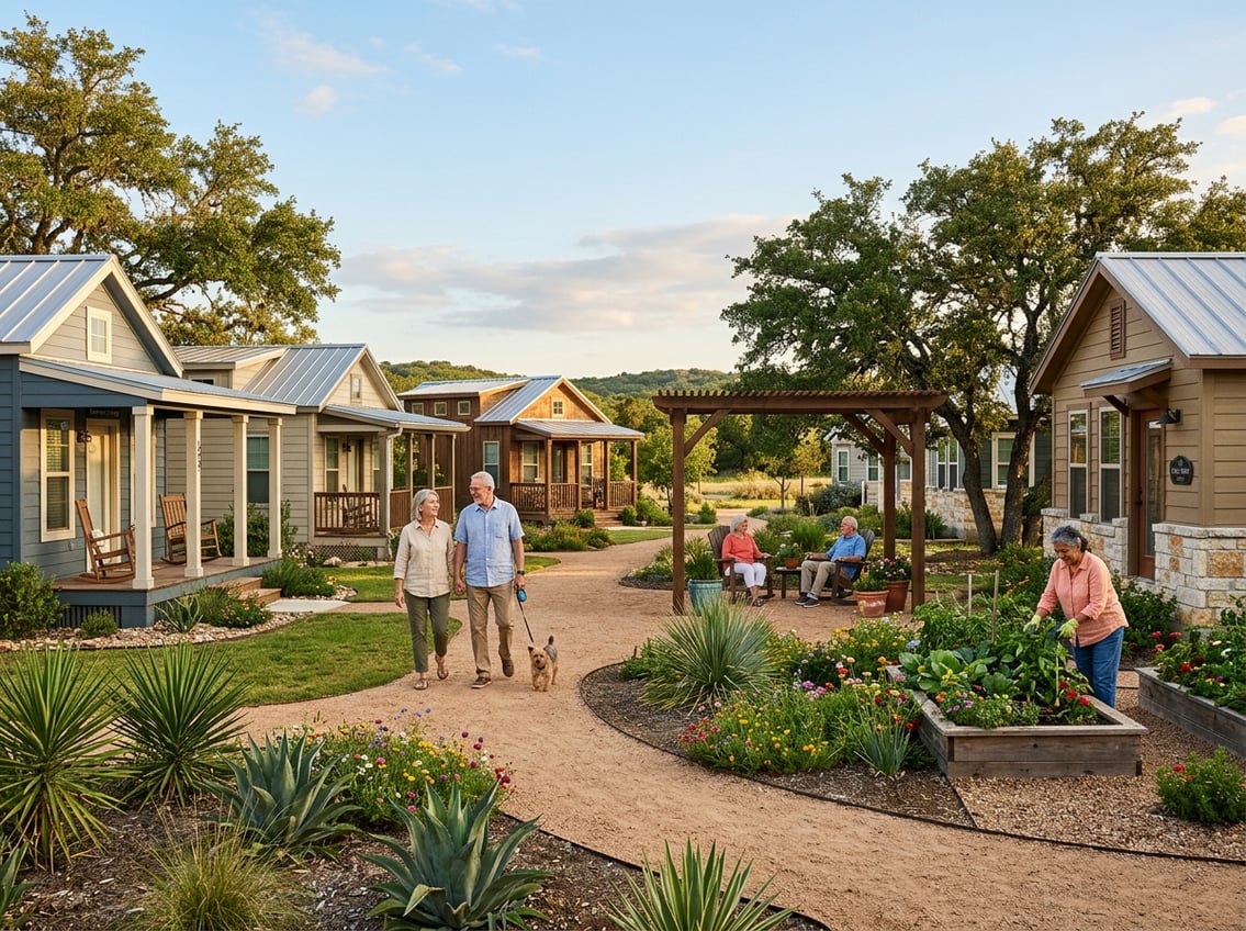 Best 55+ Tiny Home Communities In Texas: 2026 Guide 2 Older adults enjoy a landscaped tiny home community in Texas.