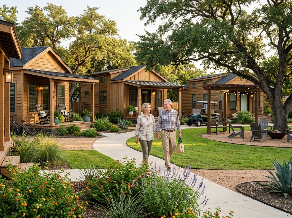Best 55+ Tiny Home Communities In Texas: 2026 Guide 3 Older adults walk through a landscaped Texas tiny home community with modern homes and shaded outdoor spaces.