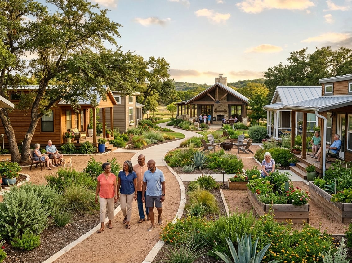 Best 55+ Tiny Home Communities In Texas: 2026 Guide 4 Older adults enjoy a welcoming tiny-home neighborhood with landscaped paths, mature trees, and shared outdoor spaces in Texas.