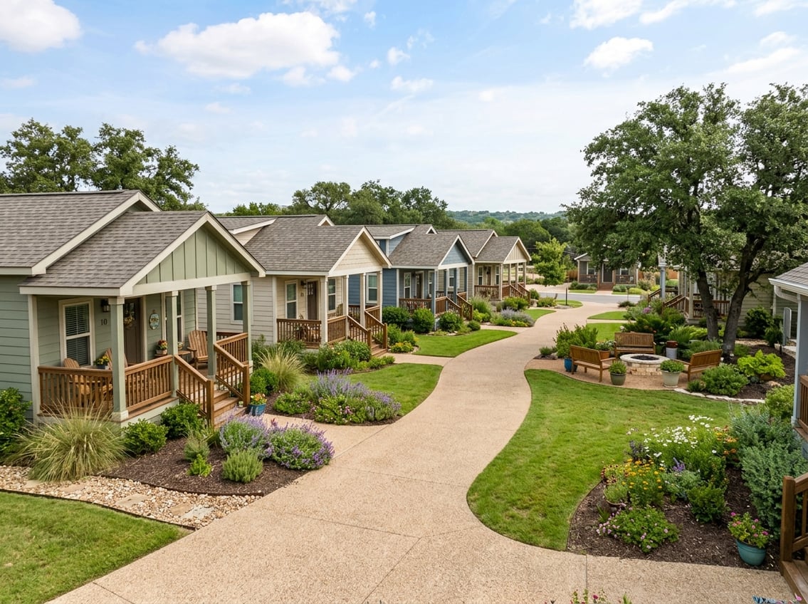 Best 55+ Tiny Home Communities In Texas: 2026 Guide 5 A landscaped Texas tiny home community with several cottages along a quiet paved lane.