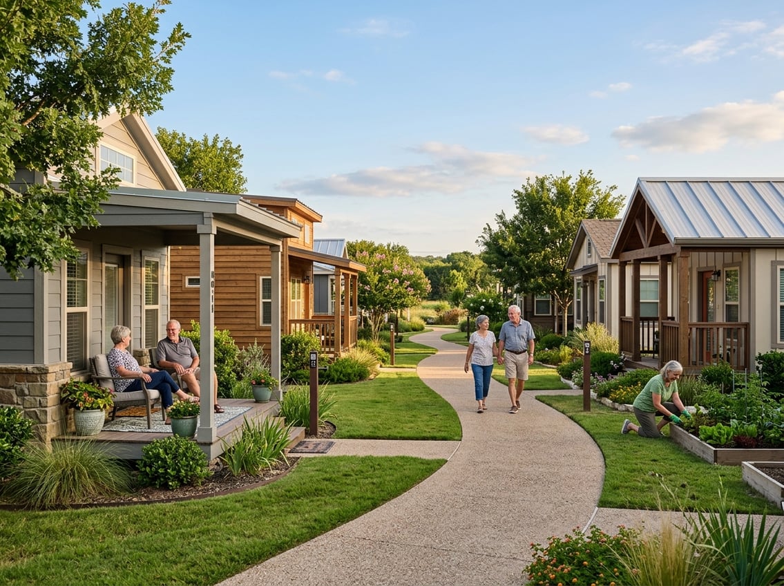 Best 55+ Tiny Home Communities In Texas: 2026 Guide 6 Older adults enjoy a landscaped pathway and porches in a welcoming tiny home community.