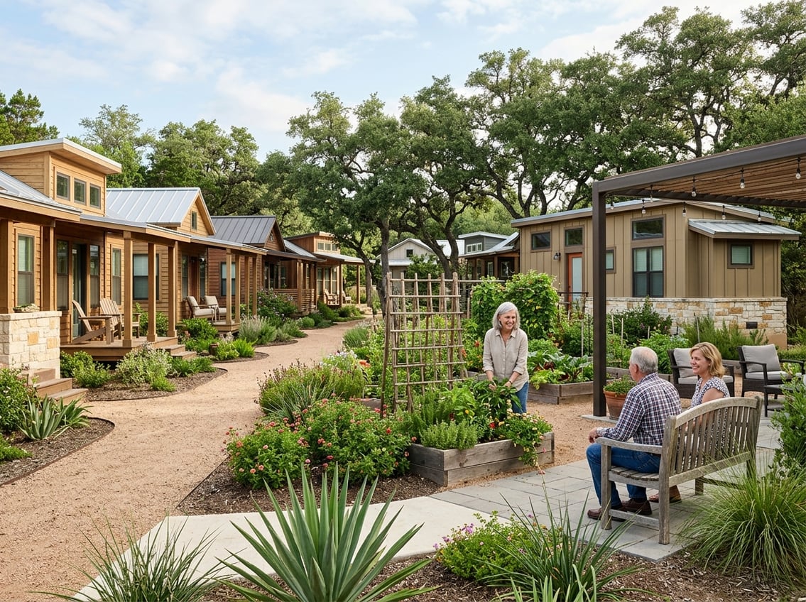 Best 55+ Tiny Home Communities In Texas: 2026 Guide 7 Older adults socialize near modern tiny homes, gardens, and shaded seating in an Austin community.