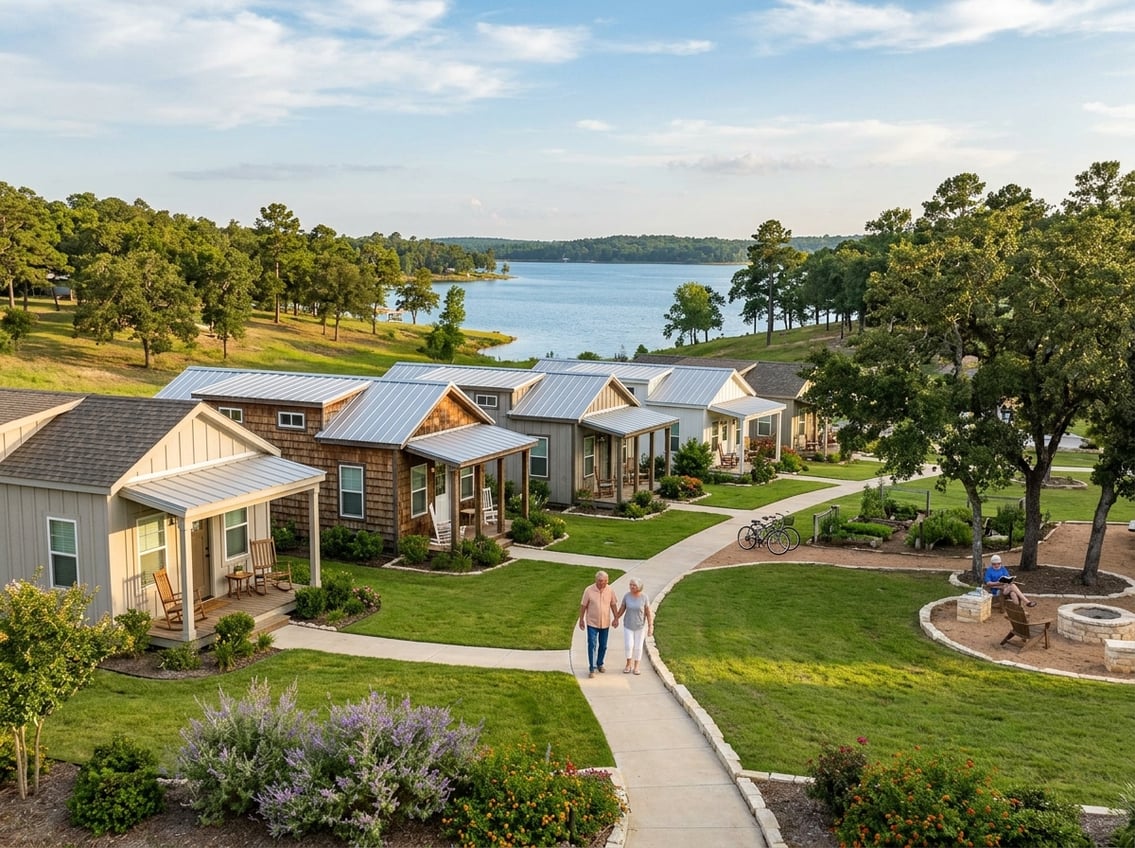 Best 55+ Tiny Home Communities In Texas: 2026 Guide 8 A welcoming tiny home community among green hills beside Lake Conroe, with mature trees, walking paths, and small modern homes.