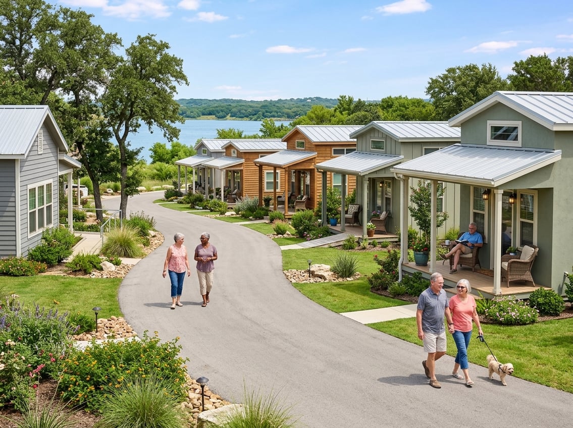 Best 55+ Tiny Home Communities In Texas: 2026 Guide 9 Older adults enjoy a landscaped tiny home community near Lake Dallas.