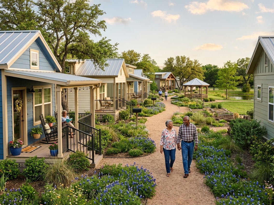 Best 55+ Tiny Home Communities In Texas: 2026 Guide 10 A peaceful tiny home community in Cedar Creek surrounded by bluebonnets, trees, and landscaped walkways, with older adults enjoying the neighborhood.