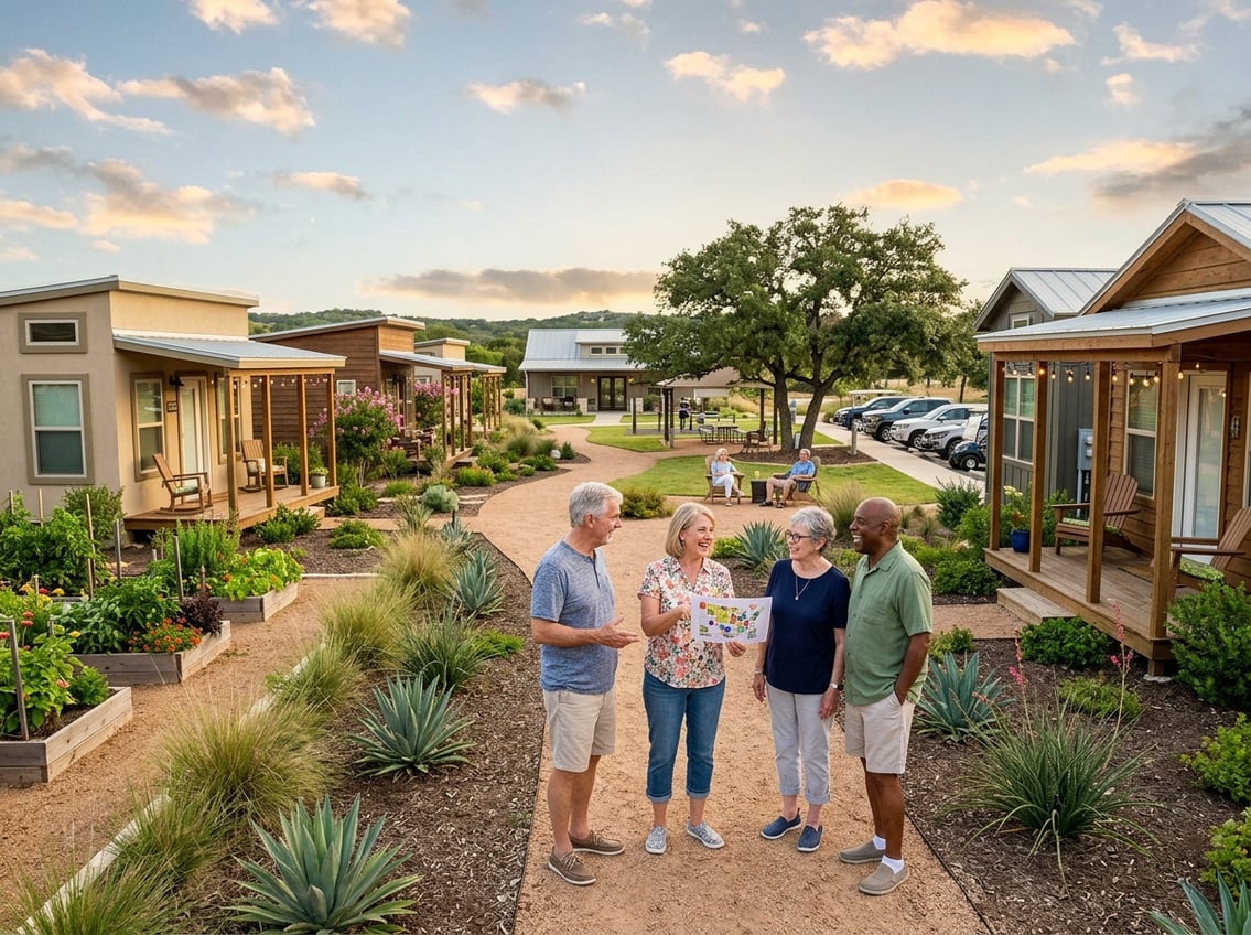 Best 55+ Tiny Home Communities In Texas: 2026 Guide 11 Older adults compare tiny home community features while touring a landscaped Texas neighborhood.