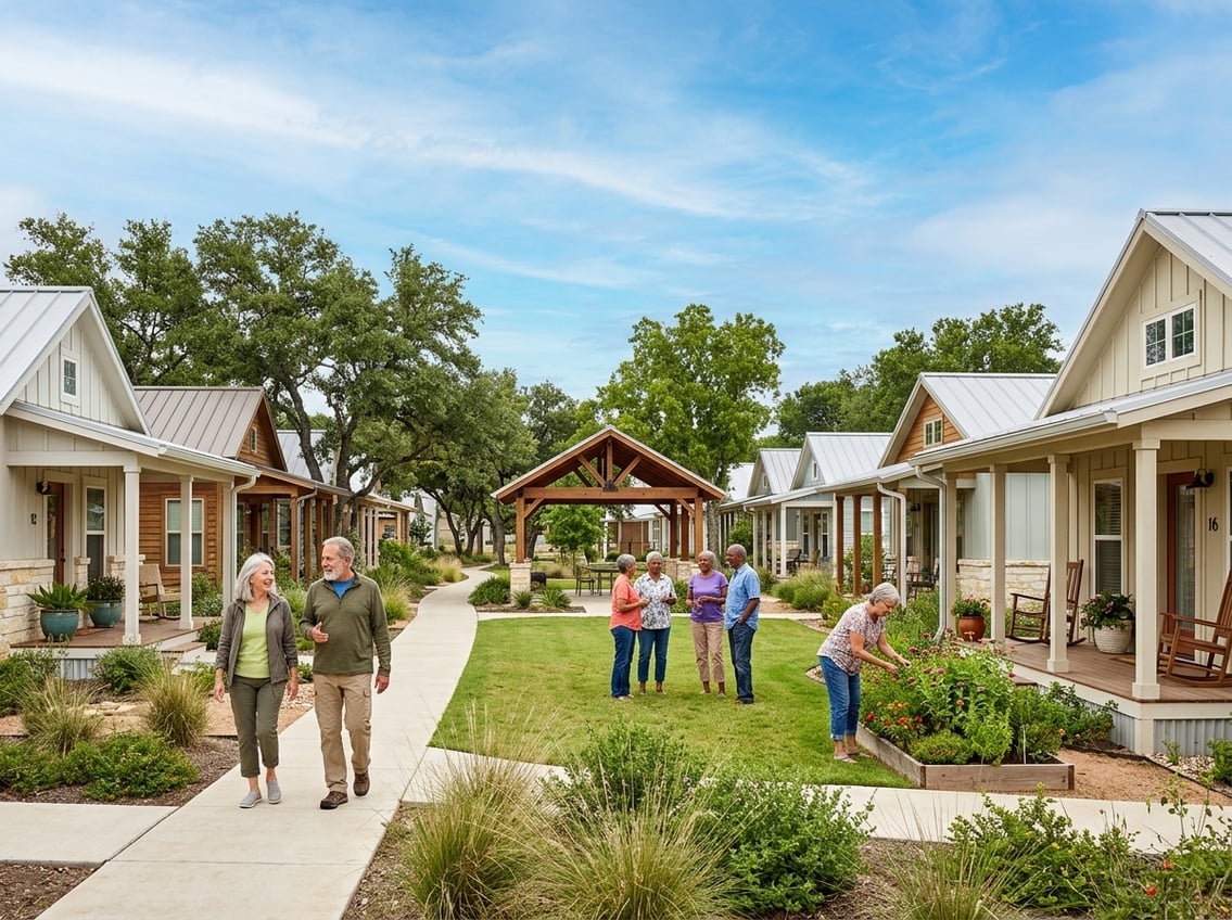 Best 55+ Tiny Home Communities In Texas: 2026 Guide 12 Older adults socialize in a welcoming Texas tiny home community with landscaped paths and shared outdoor spaces.