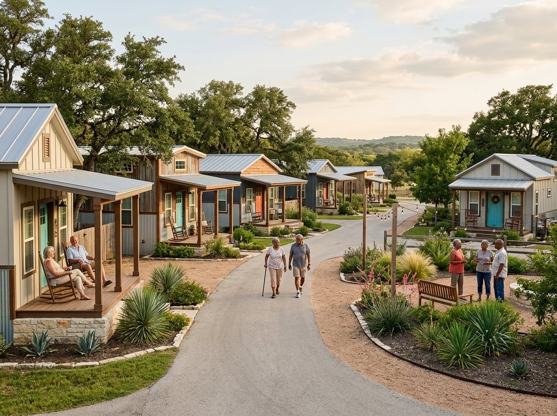 Best 55+ Tiny Home Communities In Texas: 2026 Guide 13 Older adults enjoying a landscaped tiny home community in Texas.