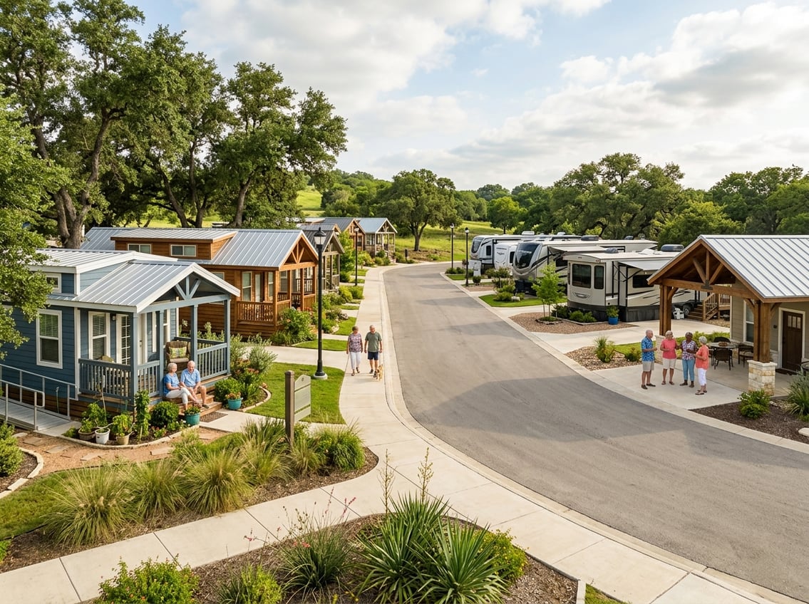 Best 55+ Tiny Home Communities In Texas: 2026 Guide 14 Older adults socialize in a landscaped Texas community of tiny homes and park-model RVs.