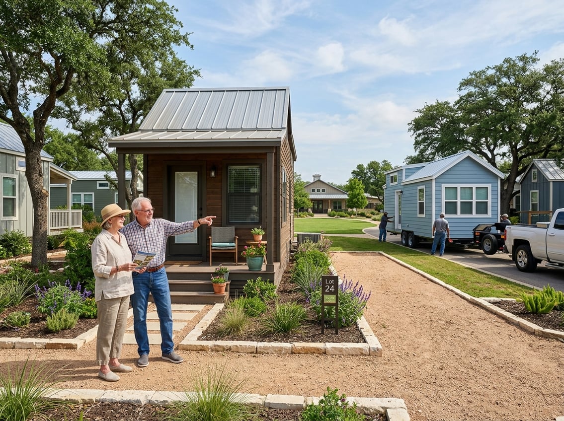 Best 55+ Tiny Home Communities In Texas: 2026 Guide 15 An older couple compares two tiny homes in a landscaped Texas community, including one being delivered by trailer.