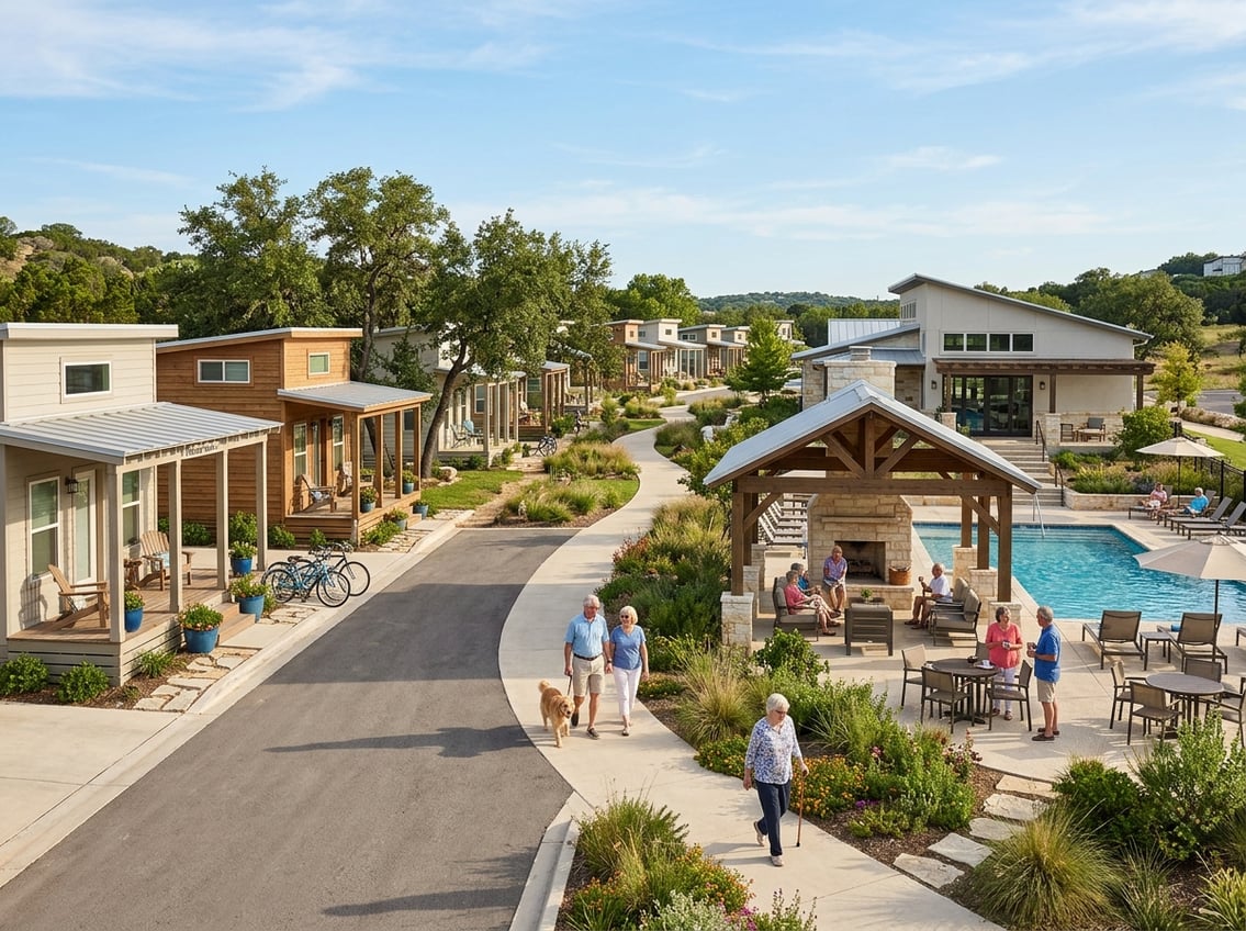 Best 55+ Tiny Home Communities In Texas: 2026 Guide 16 Older adults enjoy landscaped shared amenities among modern tiny homes in a Texas community.