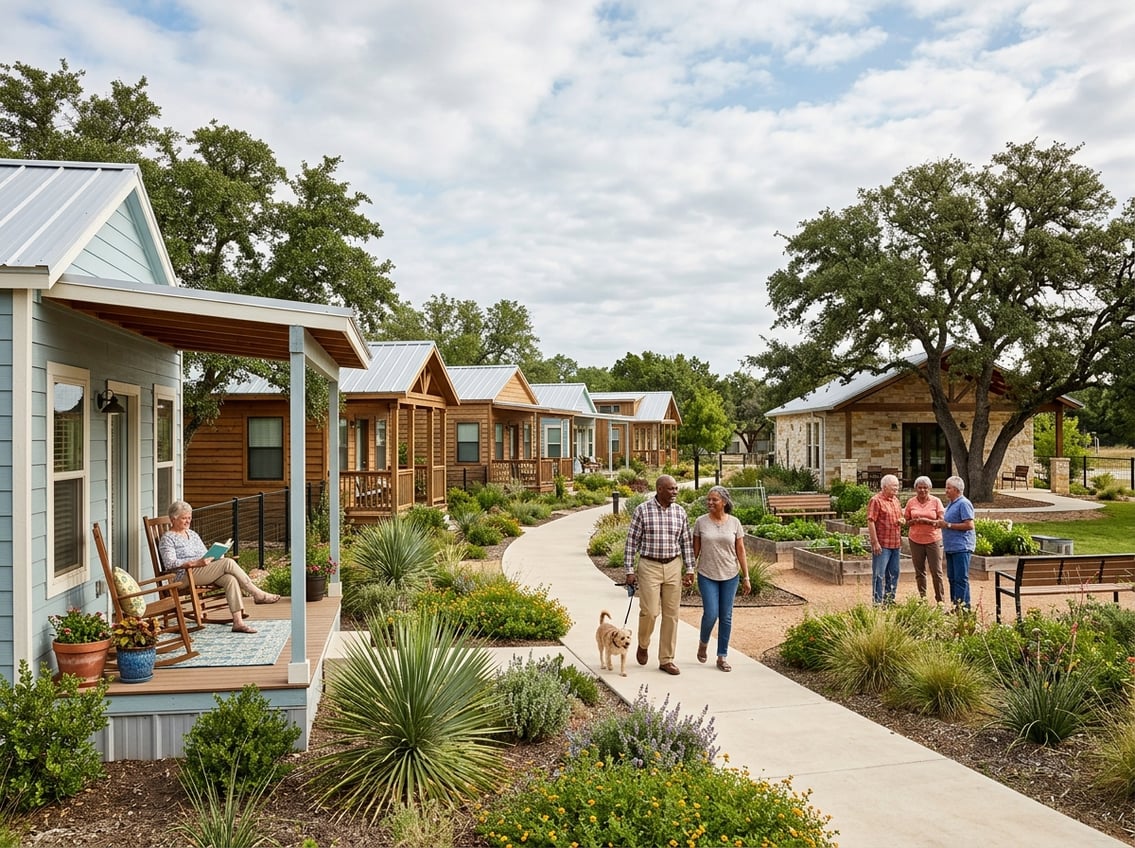 Best 55+ Tiny Home Communities In Texas: 2026 Guide 17 Older adults enjoy a landscaped tiny home community in a sunny Texas setting.