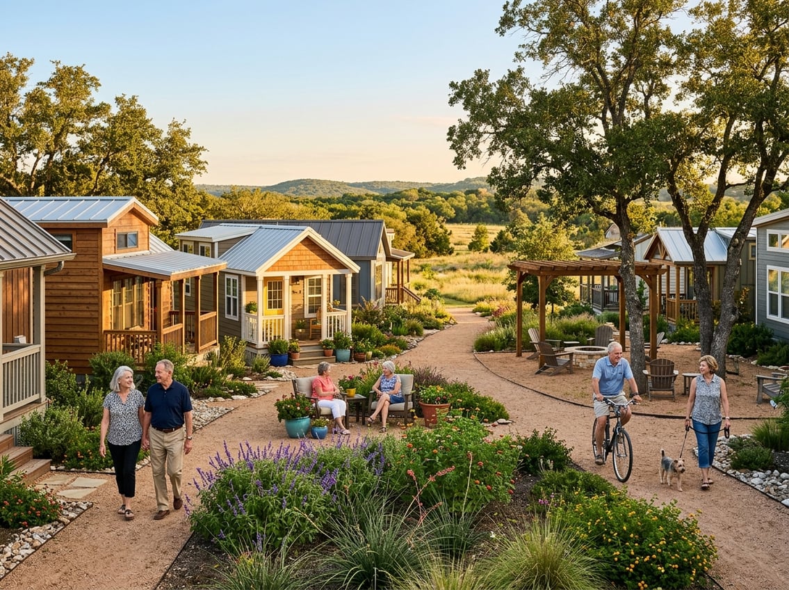 Best 55+ Tiny Home Communities In Texas: 2026 Guide 18 Older adults enjoy a welcoming tiny home community with walking paths, gardens, and shared outdoor spaces in a Texas setting.