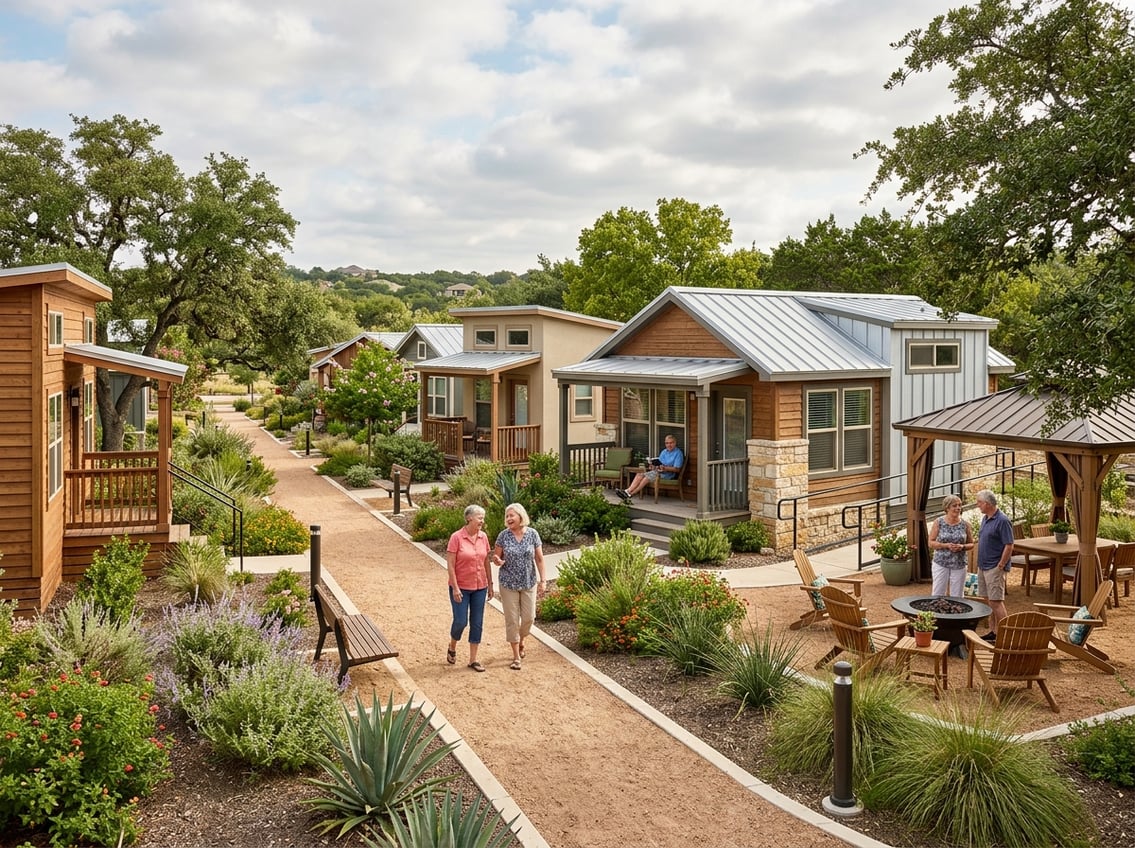 Best 55+ Tiny Home Communities In Texas: 2026 Guide 19 Older adults enjoying a landscaped tiny home community in Texas.