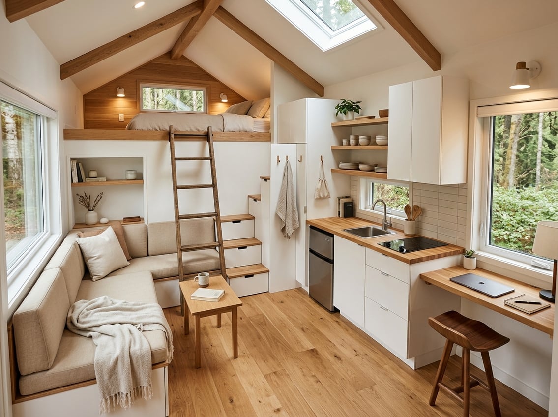 200 Sq Ft Tiny House Floor Plans: Layouts That Work 1 A compact tiny house interior with a living area, kitchenette, loft ladder, storage, and workspace.