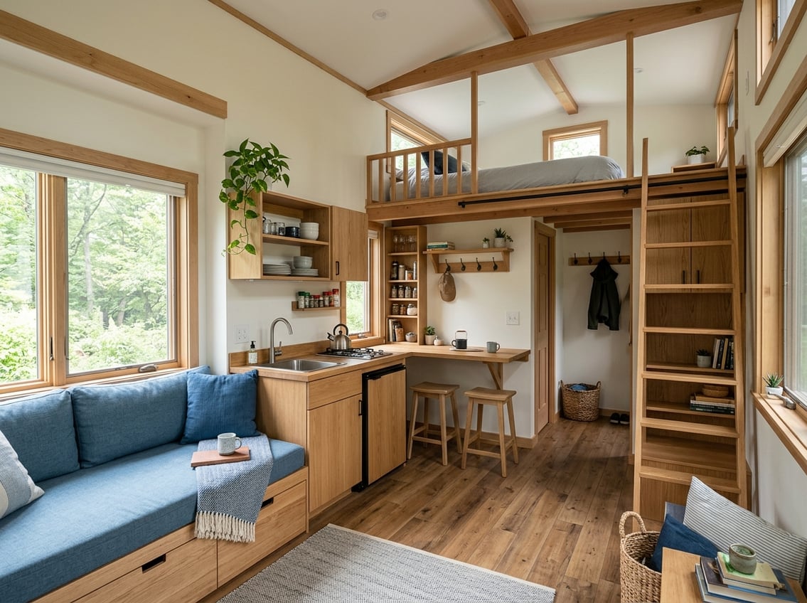 200 Sq Ft Tiny House Floor Plans: Layouts That Work 2 A compact tiny house interior with a kitchenette, dining counter, sofa, loft sleeping area, and built-in storage.