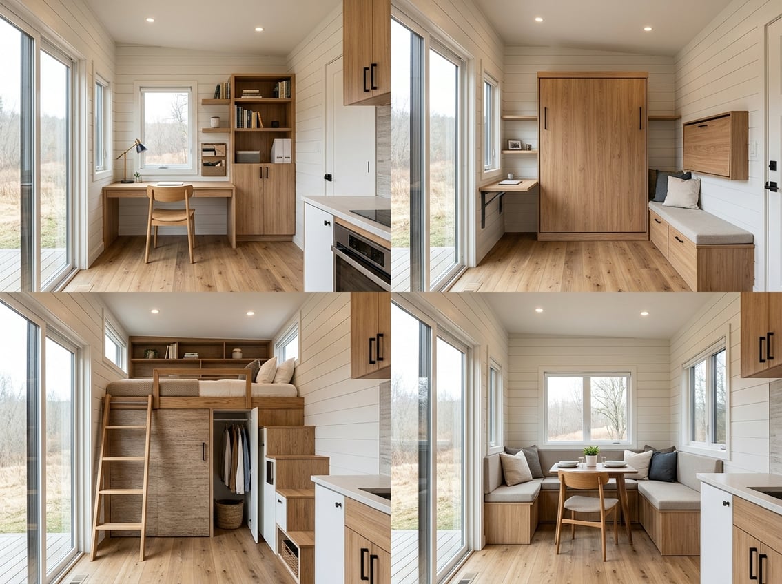 200 Sq Ft Tiny House Floor Plans: Layouts That Work 3 A compact tiny house interior showing four space-saving furniture layout options.