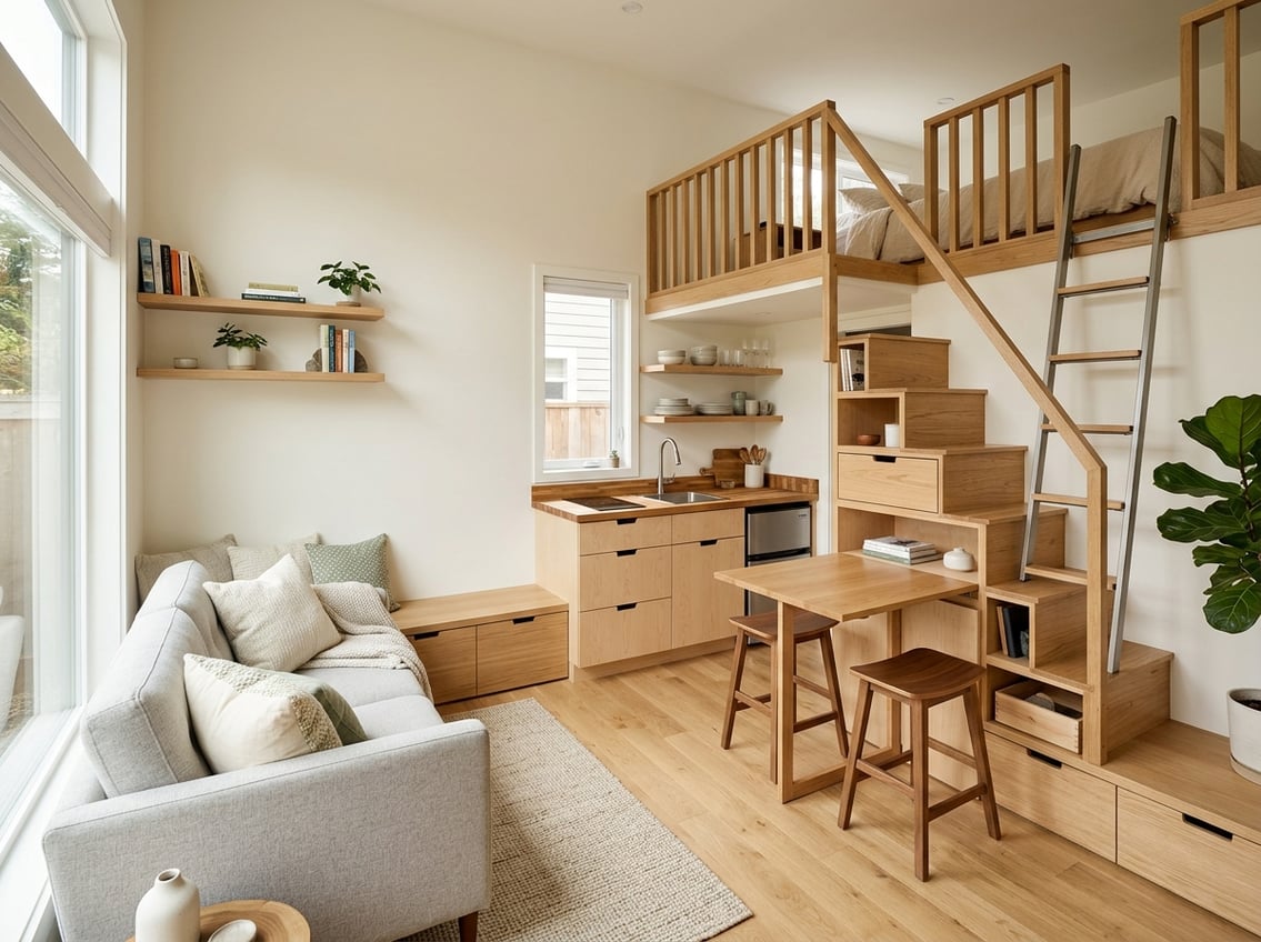 200 Sq Ft Tiny House Floor Plans: Layouts That Work 4 A compact, bright tiny house interior with multifunctional furniture, a kitchenette, built-in storage, and a loft ladder.