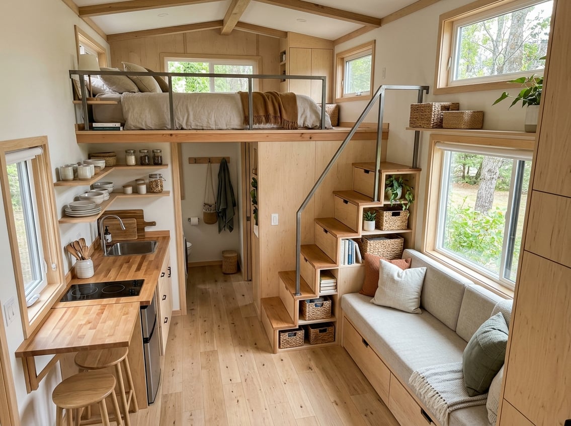 200 Sq Ft Tiny House Floor Plans: Layouts That Work 6 A compact, organized tiny house interior with a kitchenette, multifunctional furniture, built-in storage, and a sleeping loft.